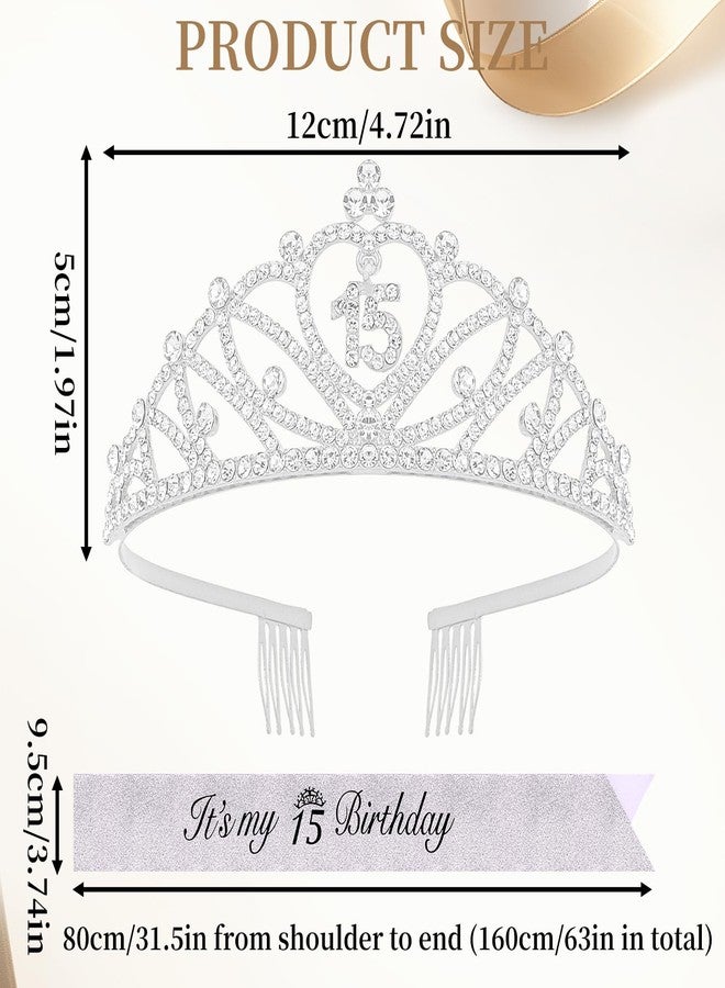 CUBACO 15th Birthday Crown and Sash Set It's My 15th Birthday Decorations for Girls Silver Crown/Tiara for Girls Happy 15 Birthday Party Supplies Corona Para 15 años Quinceañeras Silver - Image 4